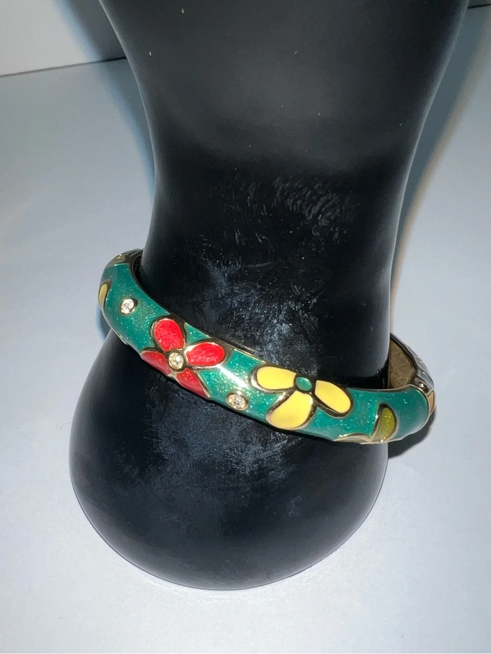 Betsey Johnson Green Enamel Hinged Floral Bangle with Red & Yellow Flowers
